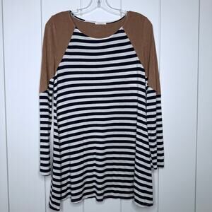 12PM by Mon Ami Navy Stripe Tunic Top Suede look Shoulder M